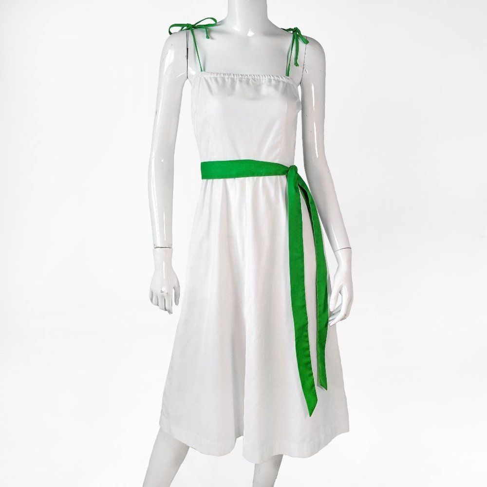 Neiman Marcus White Midi Dress with Green Sash